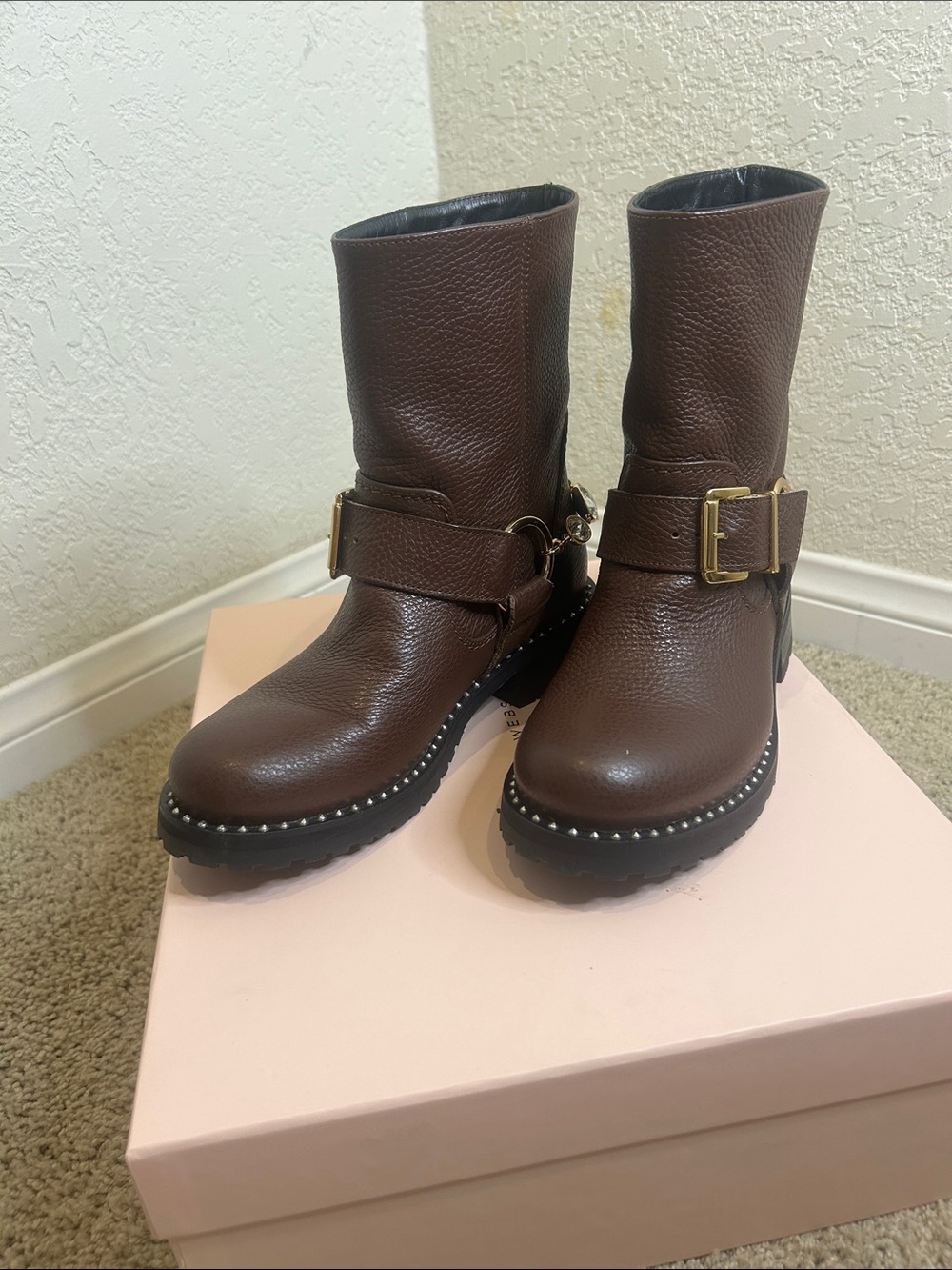 Sophia Webster Brown Leather Buckle Moto Boots with Gold Hardware